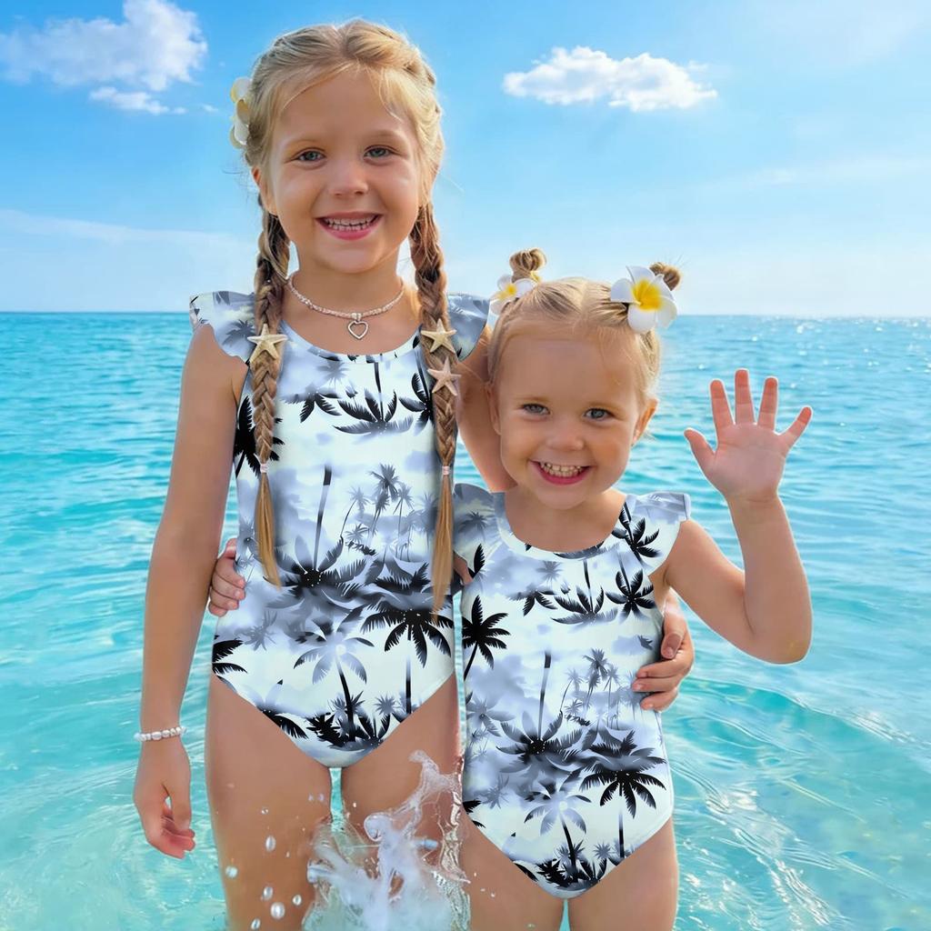 Girls One Piece Swimsuit Hawaiian Print Sleeveless Ruffle Shoulder Swimwear Kids Beachwear Bathing Suit for Summer Pool Water Activities