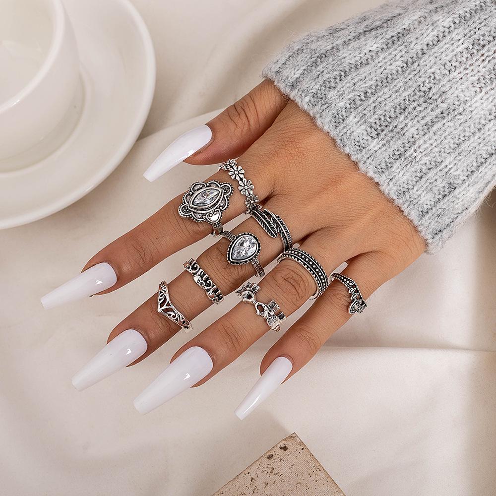 Retro Rhinestone Floral Feather Carved Open Ring Set - 9 Pieces