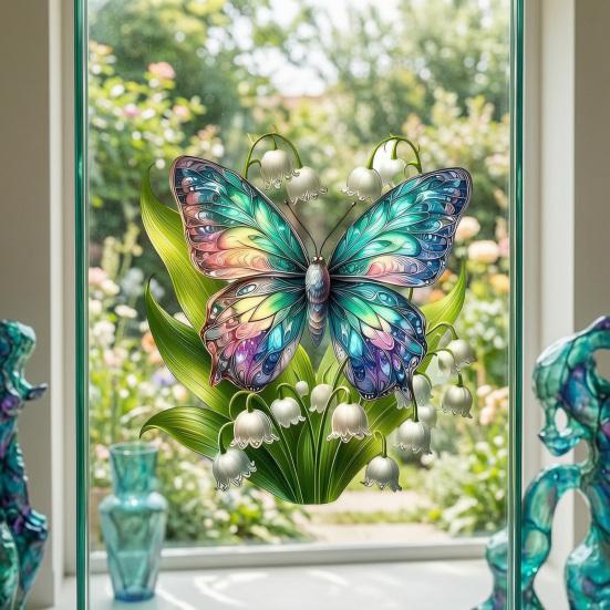 Flower Butterfly Design Window Sticker, Adhesion No Glue Waterproof Wall Decal for Living Room Bedroom Entrance Hall Home Decor