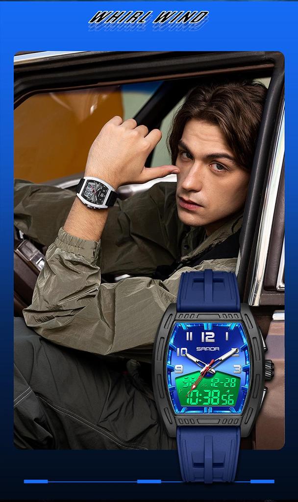SANDA Men's Waterproof Luminous Sports Watch - Countdown & Multifunctional Barrel-Shaped Electronic Watch with Large Dial