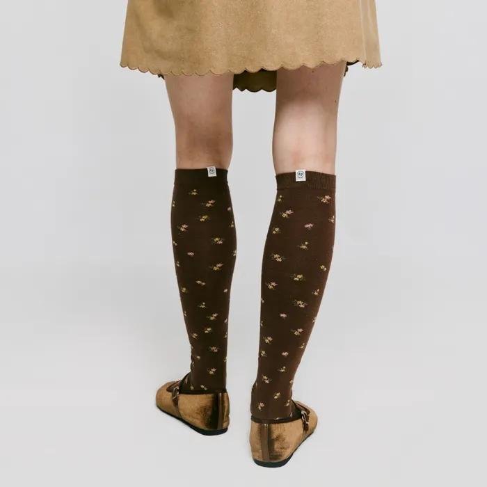 Flower Pattern Knee Socks - Brown
