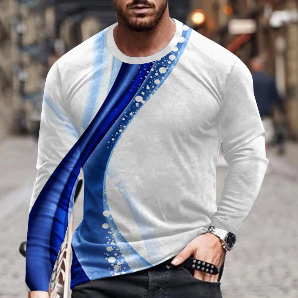 Spring and Autumn Round Neck 3D Line Printed Top Fashionable Casual Simple Long Sleeved Men's T-shirts