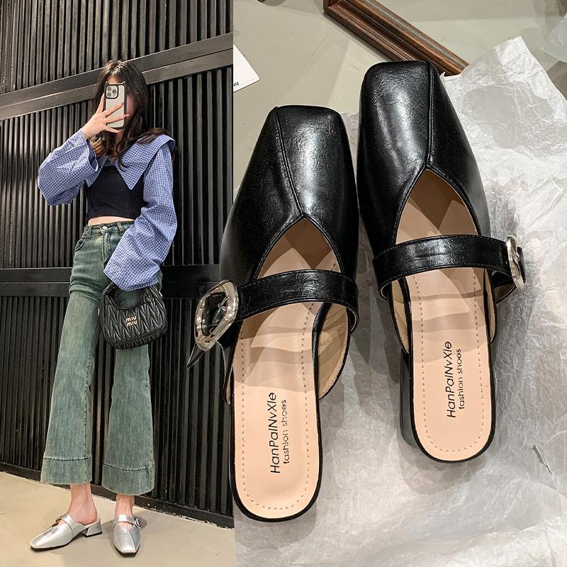 Women's Outdoor Summer Spring Square Head Slip-On Sandals with Buckle Casual Thick Heel Covered Toe Semi-Slipper
