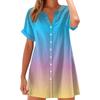 Women Fashion Casual V-neck Short Sleeve Button Gradient Print Dress