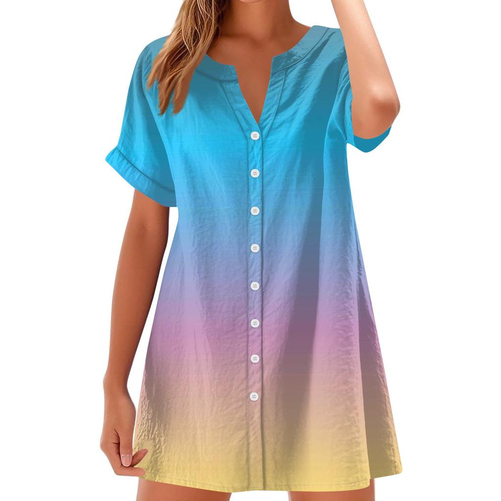 Women Fashion Casual V-neck Short Sleeve Button Gradient Print Dress