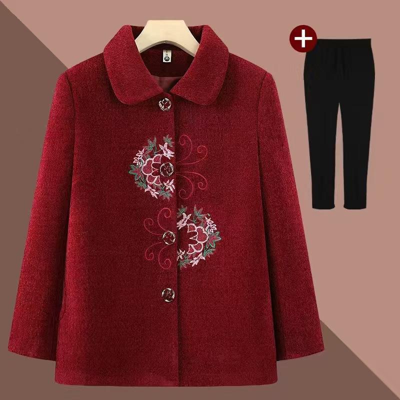 Embroidered Lapel Woolen Coat for Elderly Women - Autumn/Winter, Thickened with Velvet