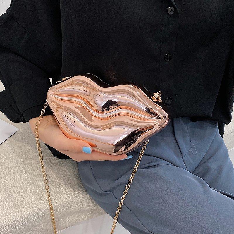 Bolso de Mano con Labios Dorados para Mujer Bolso de Hombro de Cadena Acrílica de Alta Calidad para Señoras Bolso de Noche Forma de Labios Cartera