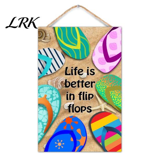 Wooden Sign for Patio Summer Beach Hanging Sign, Double?Sided Flip?Flop Wall Plaque with Rope, Coastal Holiday Home Porch Door Decor House