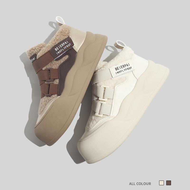 Women's High-top White Fleece Sneakers New Winter Casual Shoes Warm Cotton-padded Shoes Round Toe Snow Boots