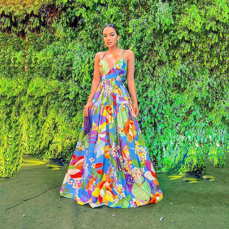 European and American-Style Holiday Floral Print off-Shoulder Dress