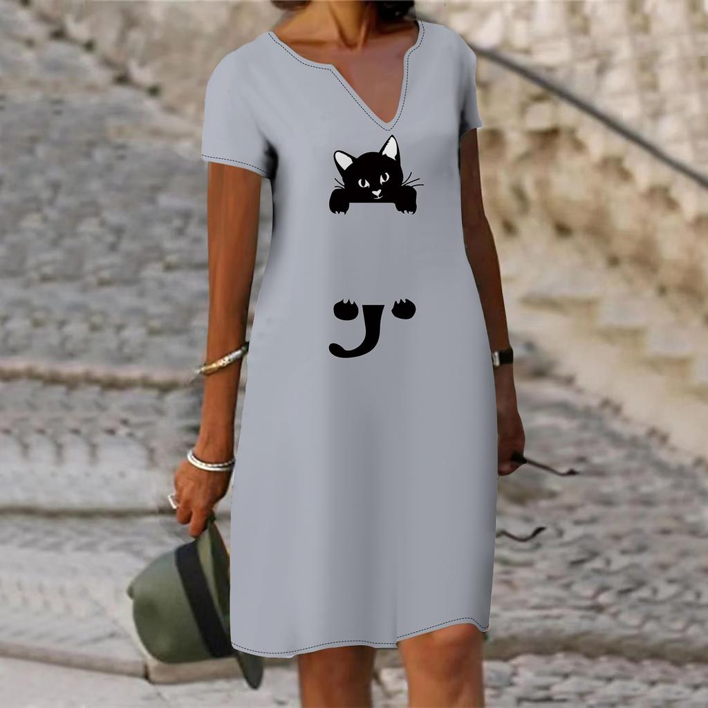 Rochie de vară cu decolteu în V, cu mâneci scurte, cu linii de pisică neagră, rochie lejeră, lejeră, pentru femei