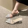 High heels summer fashion outer wear pointed rhinestone transparent word with stiletto bow slippers