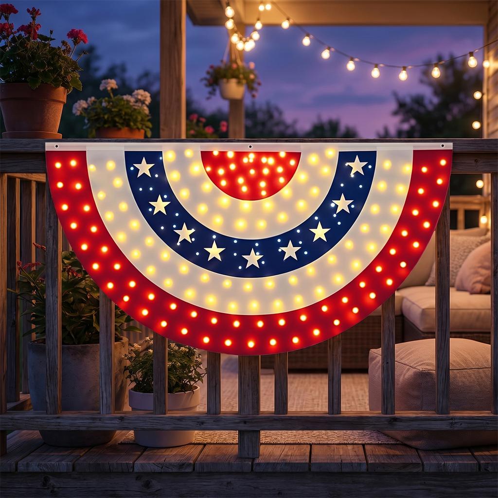 USA 250th Patriotic Bunting Banner with LED Light Memorial Patriotic Banner Flags for 4th of July Decorations Outdoor