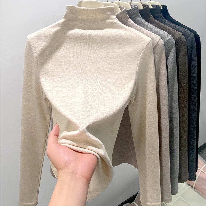 Women's H393 High Neck Warm Slimming Long Sleeve Top - Autumn/Winter Solid Color Versatile Mid-Neck Base Layer Shirt.
