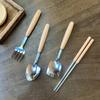 Stainless Steel Wooden Rice Soup Cake Fruit Fork Coffee Dessert Spoon  for Family Dining