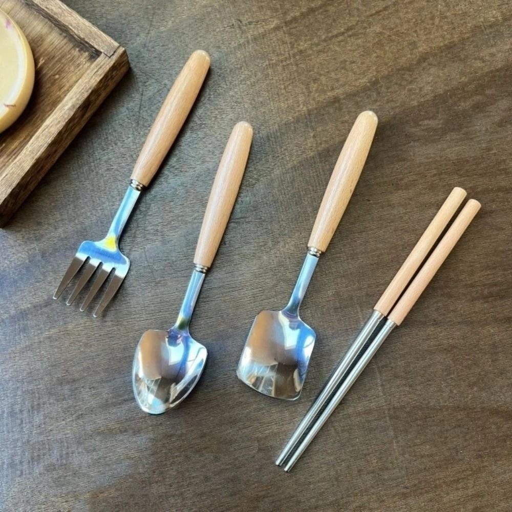 Stainless Steel Wooden Rice Soup Cake Fruit Fork Coffee Dessert Spoon for Family Dining