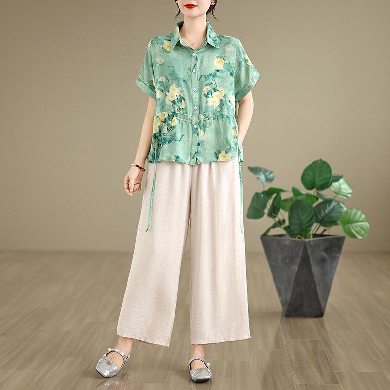 

2026 Korean Plus Size Artistic Retro Shirt & Wide-Leg Cotton-Linen Pants Summer Set for Women Large