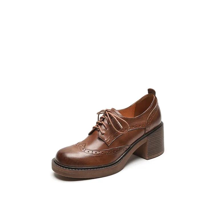 Fashion NEW Spring Women Loafers Genuine Leather Shoes Round Toe Square Heel Women Shoes Casual Lace-up Women Pumps Carving Oxford Shoes
