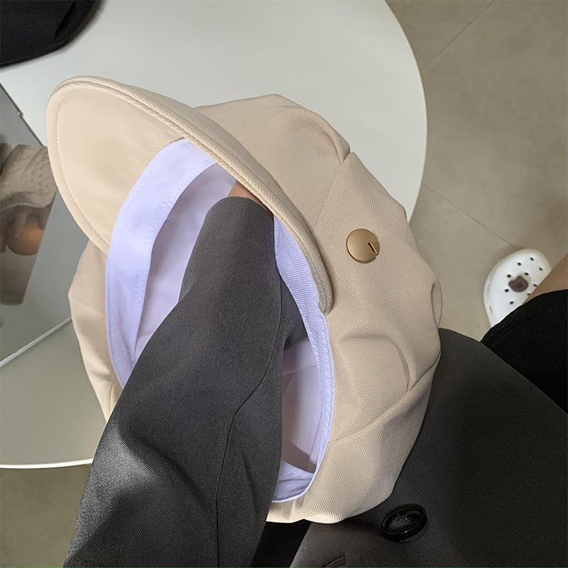 Black Pleated Beret for Women  Spring and Autumn Korean Version Versatile Face-showing Small Cloud Hat Retro Large Head Circumference Octagonal Hat