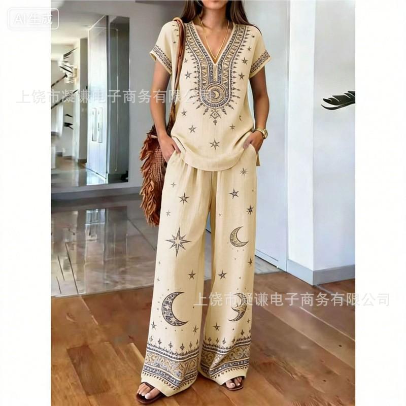 Y116 Summer Loose Top Wide-leg Pants Two-piece Women's Clothing European and American Fashion Suit
