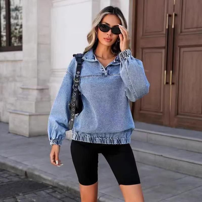 Women's Washed Loose Round Neck Denim Jacket with Zipper – 2025 Autumn European and American Fashion Style