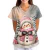 Women's Christmas Print Loose Fit V-Neck Short Sleeve Scrub Top with Pockets for Work