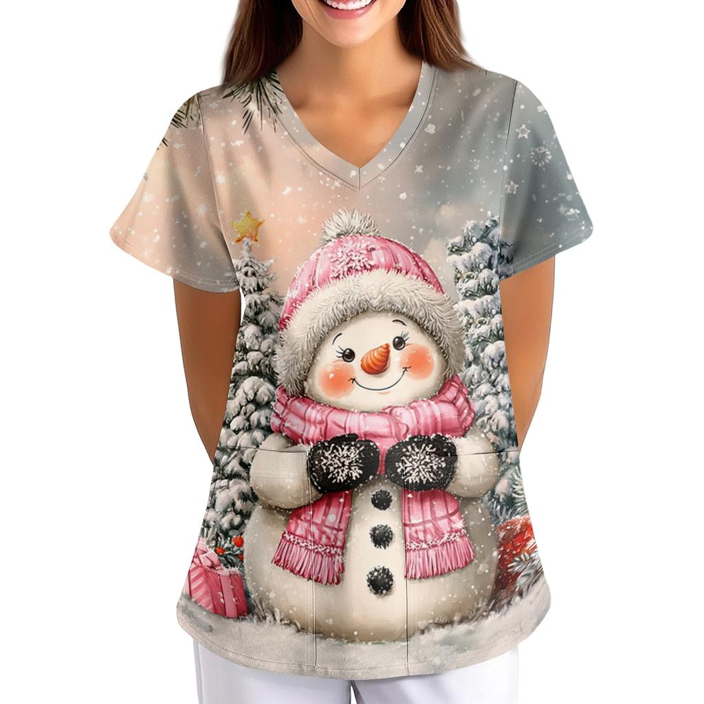 Women's Christmas Print Loose Fit V-Neck Short Sleeve Scrub Top with Pockets for Work
