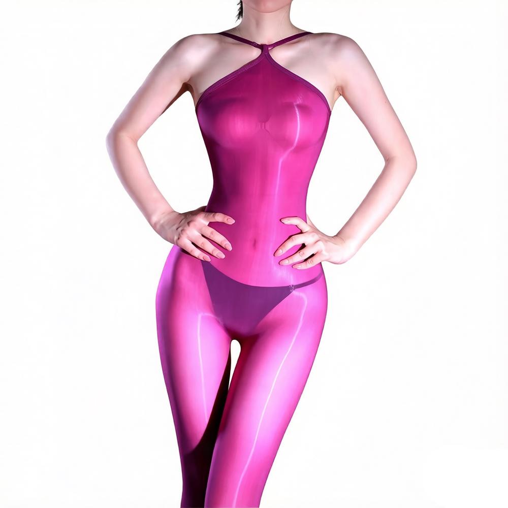 Women 640 Pin High Density Bodysuit Oil Shiny Elastic Tights Open Crotch Yoga Shaping Jumpsuit High Collar Maid Leotard Leggings