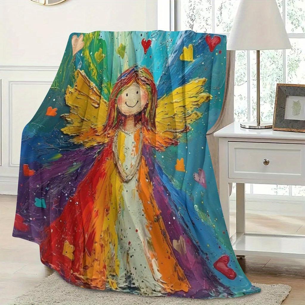 Anime Angel Pattern Throw Blanket - Soft Cozy Art Print Aesthetic Accent for Sofa Bed Air Conditioning Office Nap Gift