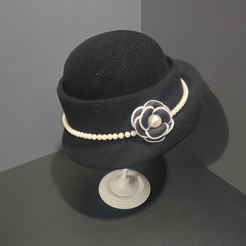 Hepburn Camellia Pearl Top Hat Women's Summer French Retro Elegant Curled Beret Small Bucket Hat