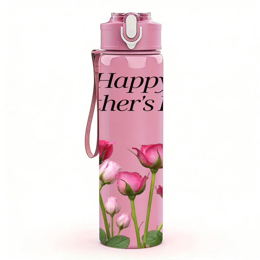 1PC Happy Mothers Day Red Rose Print 750ml Color Plastic Sports Water Bottle Leakproof Flip Straw Lid Suitable for Sports Office Home Use