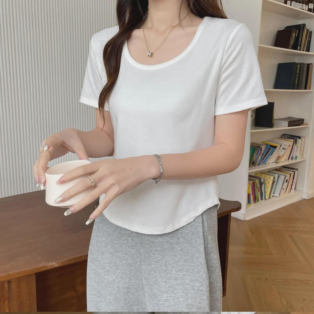 Women's Slim-Fit Pure Cotton U-Neck T-Shirt - Short Sleeve, Versatile Summer Outerwear