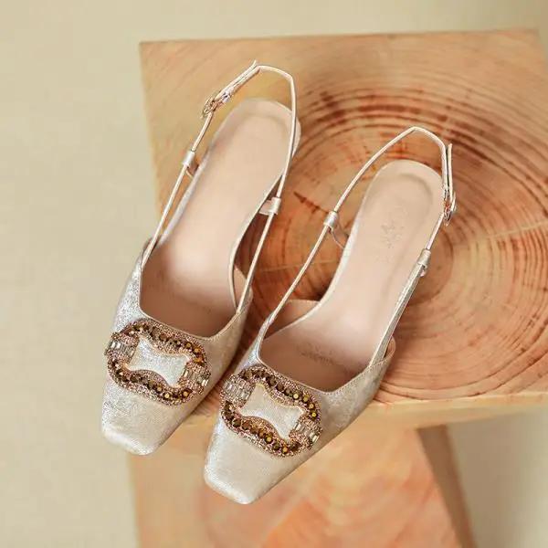 2026 Sandals Female Shoe Square Toe Buckle Block Heels New Girls Comfort Summer Retro Open Low Closed Chunky Beige Fashion Clear 34 бежевый 6370₽