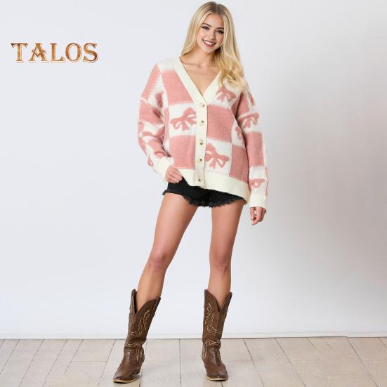Women Autumn Winter Sweater V-Neck Long Sleeve Single Breasted Knitting Sweater Bowknot Plaid Print Sweater Coat