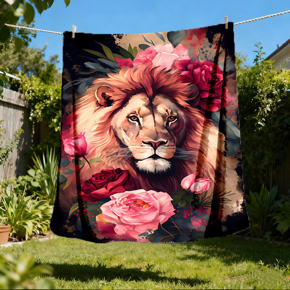 

1pc Lion Roses Print Outdoor Soft Polyester Flannel Throw Blanket Versatile for All Seasons , Soft , Cozy , Warm All Season Quilted Throw , 80x120cm