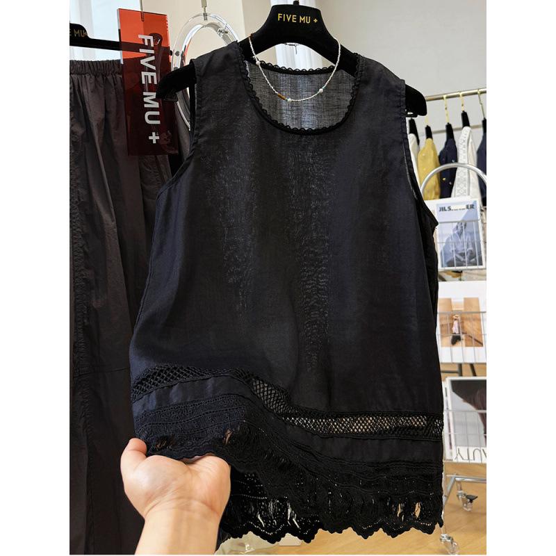 Lace Trim Ramie Cotton Round Neck Sleeveless Cardigan 