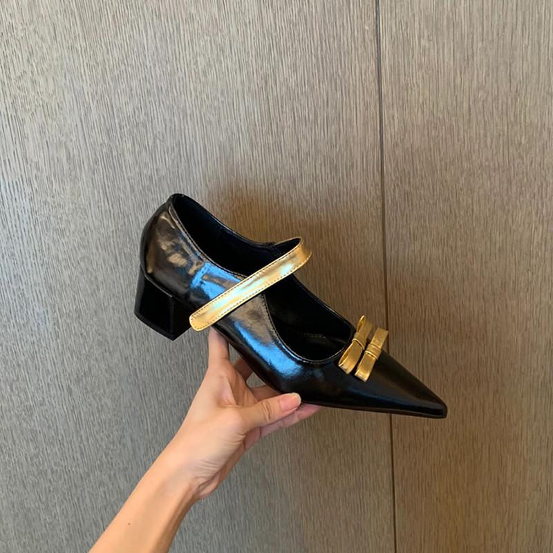 Thick Heel Golden Women Mary Jane Shoes Fashion Pointed Toe Shoes 2025 Spring Ladies Elegant Dancing Party Prom Shoes