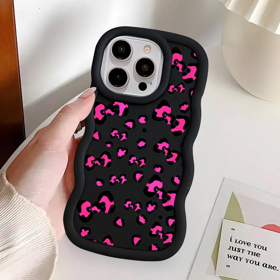 Soft Phone Cover Case for iPhone 15 Plus 11 16 Pro Max 8 12 13 14 17 Air XR Leopard Print Pink Love