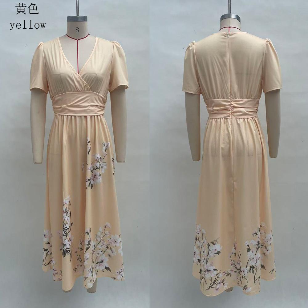 Europäische und amerikanische Damenbekleidung Digitaldruck Blume Langarm V-Ausschnitt Faltenkleid Damen langes Kleid