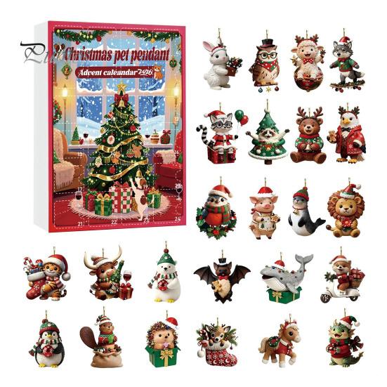 Holiday Countdown Calendar 2026 Christmas Advent Calendar, 24 Days with 2D Acrylic Gift for Kids Dog/Horse/Cat/Animals Pendants, Mini Animal