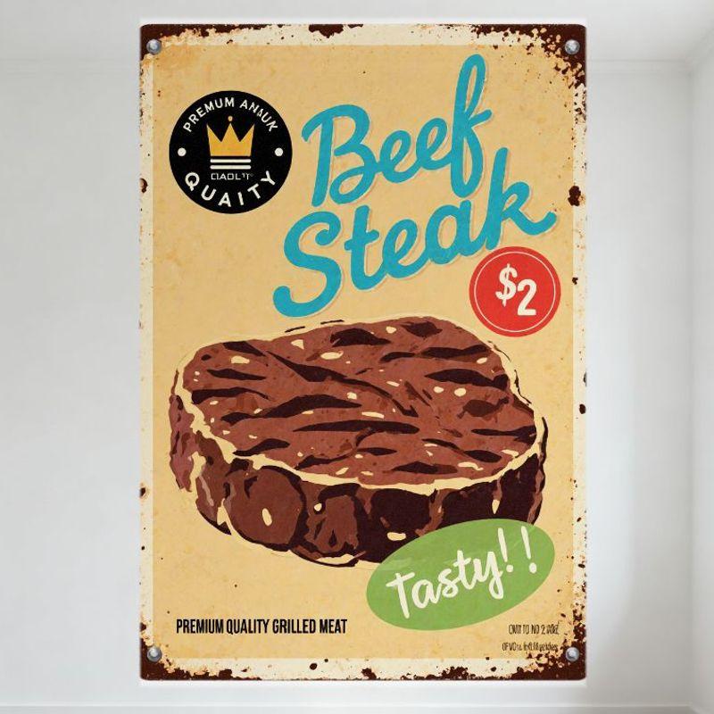 

Vintage Premium Beef Steak Metal Sign, Grilled Steak Illustration, $2 Price Tag, PREMIUM ANIMAL QUALITY Badge, Home Bar Cafe 20x30cm（7.8x11.8inch）