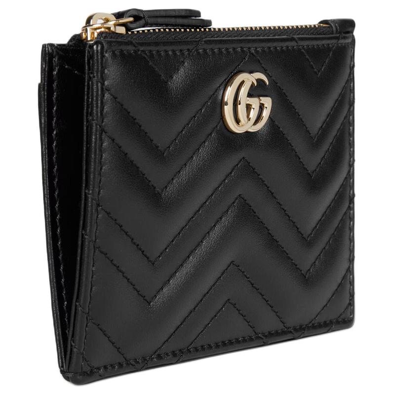 Gucci GG Marmont Logo Double G Metal Quilted Herringbone Leather Key Case Regular Women's Black