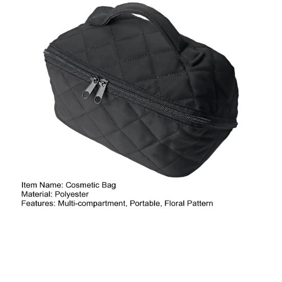 Quilted Floral Makeup Bag 180-Degree Flat Open Travel Cosmetic Organizer Women Large Capacity Toiletry Bag for Vacation Daily Vanity Table Use