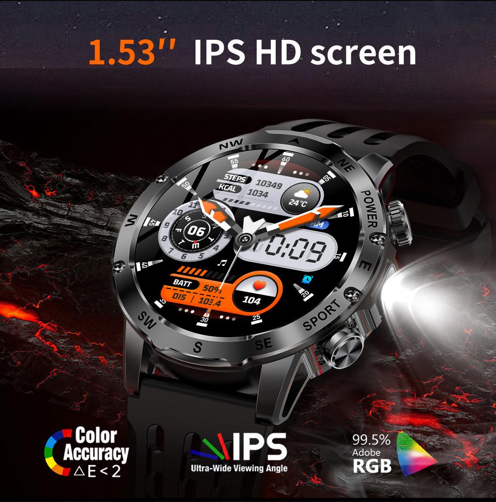 SACOSDING 800mAh Akku mit großer Kapazität Smartwatch Herren Outdoor Kompass Taschenlampe IP68 Sport Fitness Sprachanrufe Herren Smartwatch