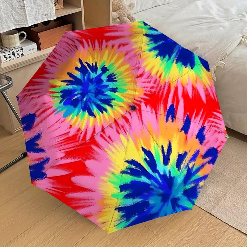 1pc Tie-Dye Pattern Automatic Folding Umbrella, Portable Collapsible Design, 8-Rib Iron Frame, Outdoor Accessory Yy250905109