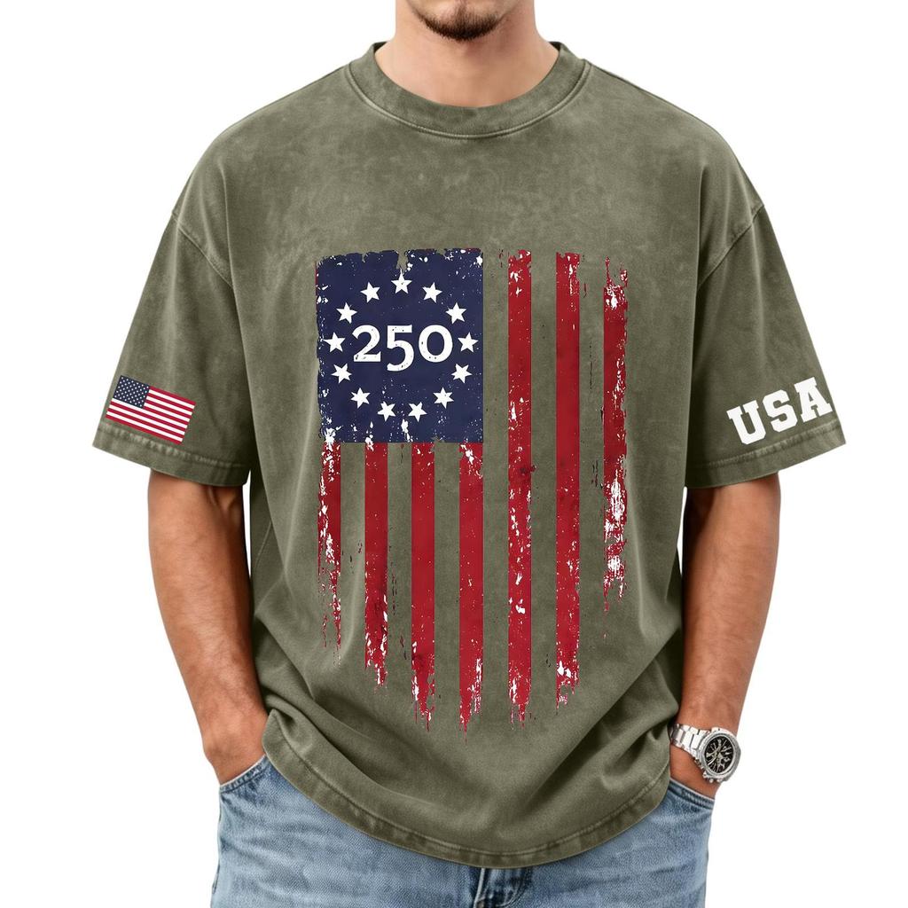 Herren lockeres und lässiges T-Shirt mit Flaggen-Buchstaben-Print - Trendiges gewaschenes kurzärmeliges Oberteil für Herren