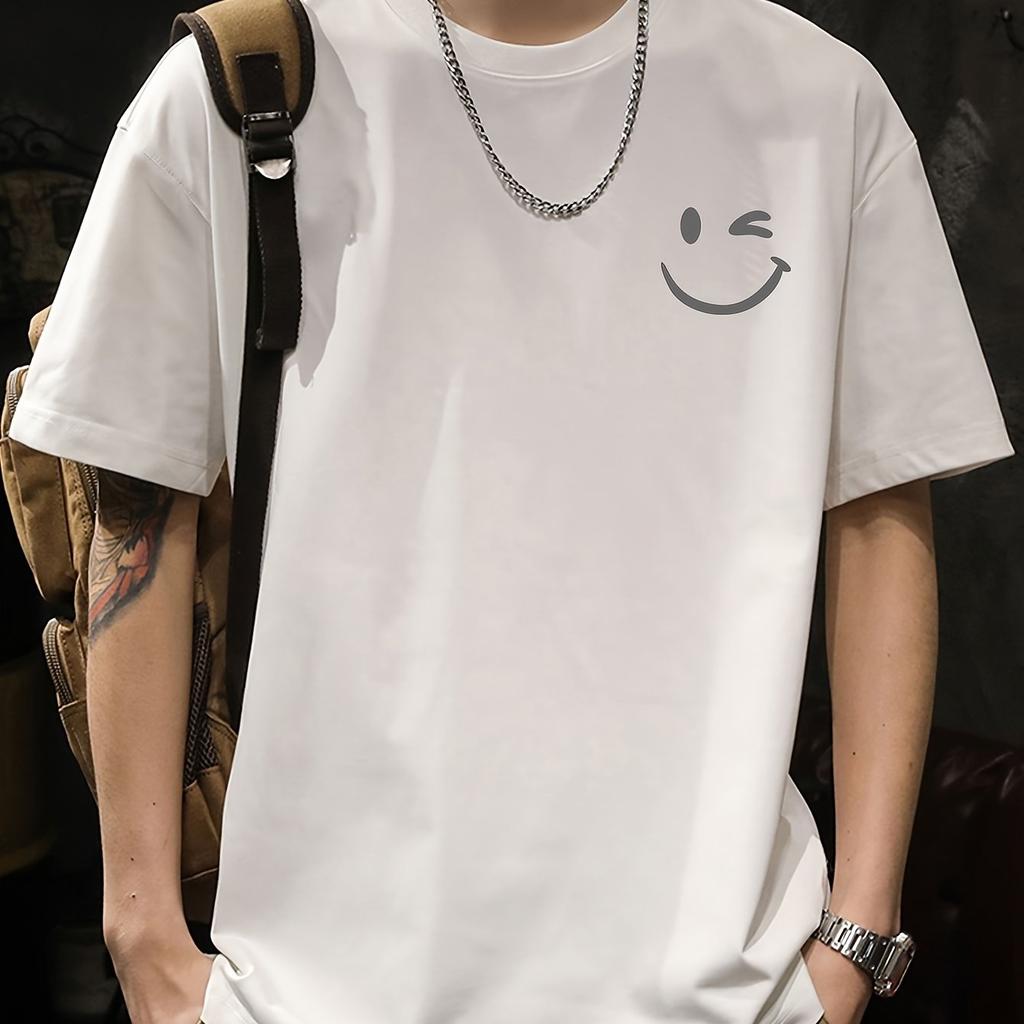 Men's Summer 100% Pure Cotton Fashionable Casual Loose Smiling Face Pattern Printed Round Neck Short Sleeved T-shirt Top