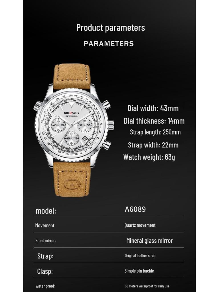 Men's Multifunctional Leather Strap Watch: Waterproof, Luminous, Calendar Feature