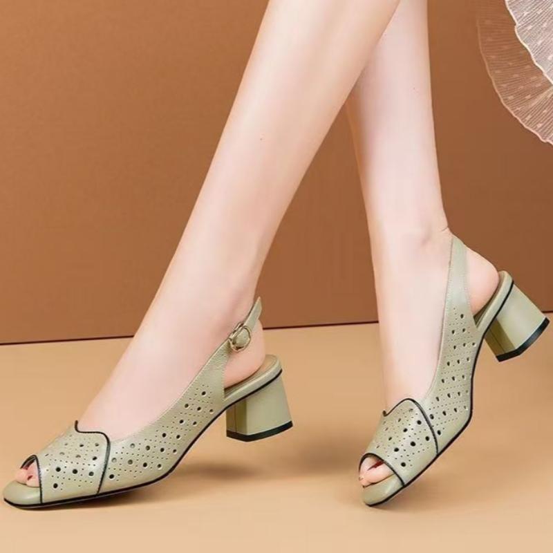 Versatile Thick Heel Fashionable Hollow Fish Mouth Sandals for Women Summer Mid Heel Buckle Sandals