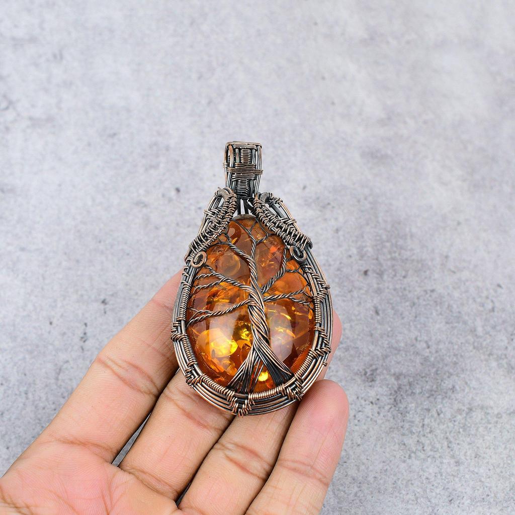 Tree Of Life Baltic Amber Pendant, 999 Copper Wire Wrapped Gemstone Jewelry, Handmade Pendant For Mother Day